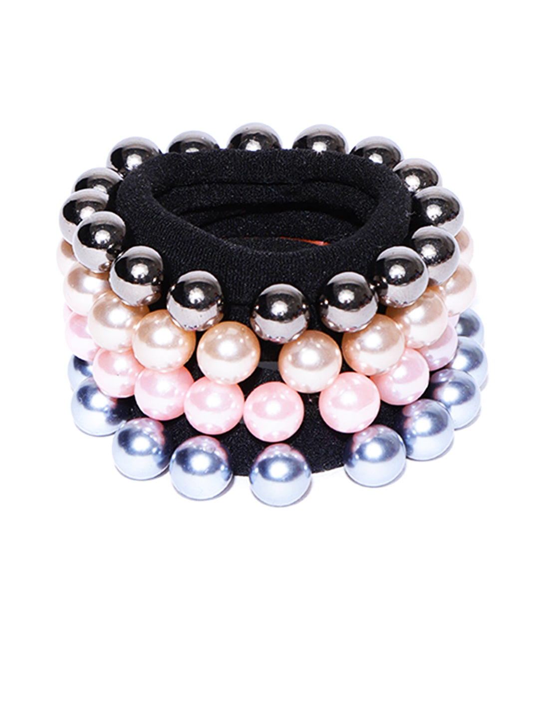 Set Of 4 Black Rubber Band Decorated With Glossy Finish Multicolor Pearls