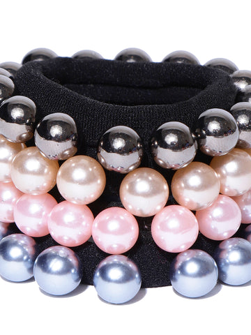 Set Of 4 Black Rubber Band Decorated With Glossy Finish Multicolor Pearls