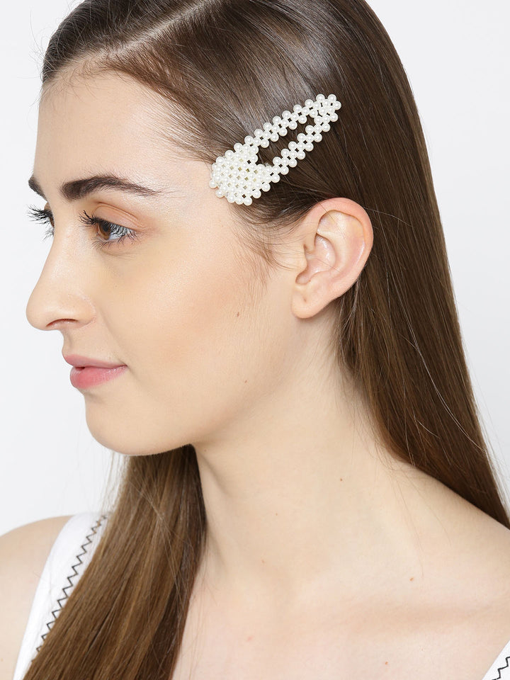 Set Of 2 Cream Coloured Pearl Design Geometric Shape Hair Clip