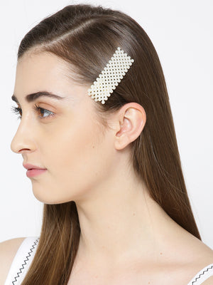 Set Of 2 Cream Coloured Pearl Studded Geometric Shape Hair Clip
