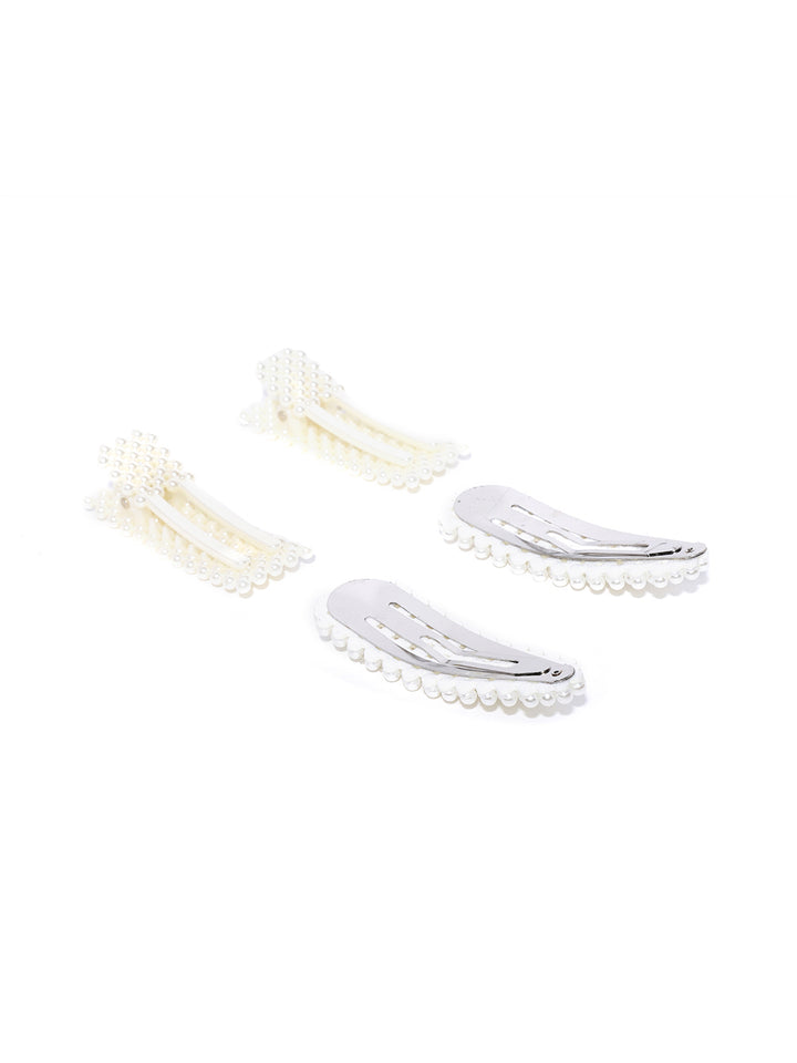 Set Of 2 Cream Coloured Pearl Studded Geometric Shape Hair Clip