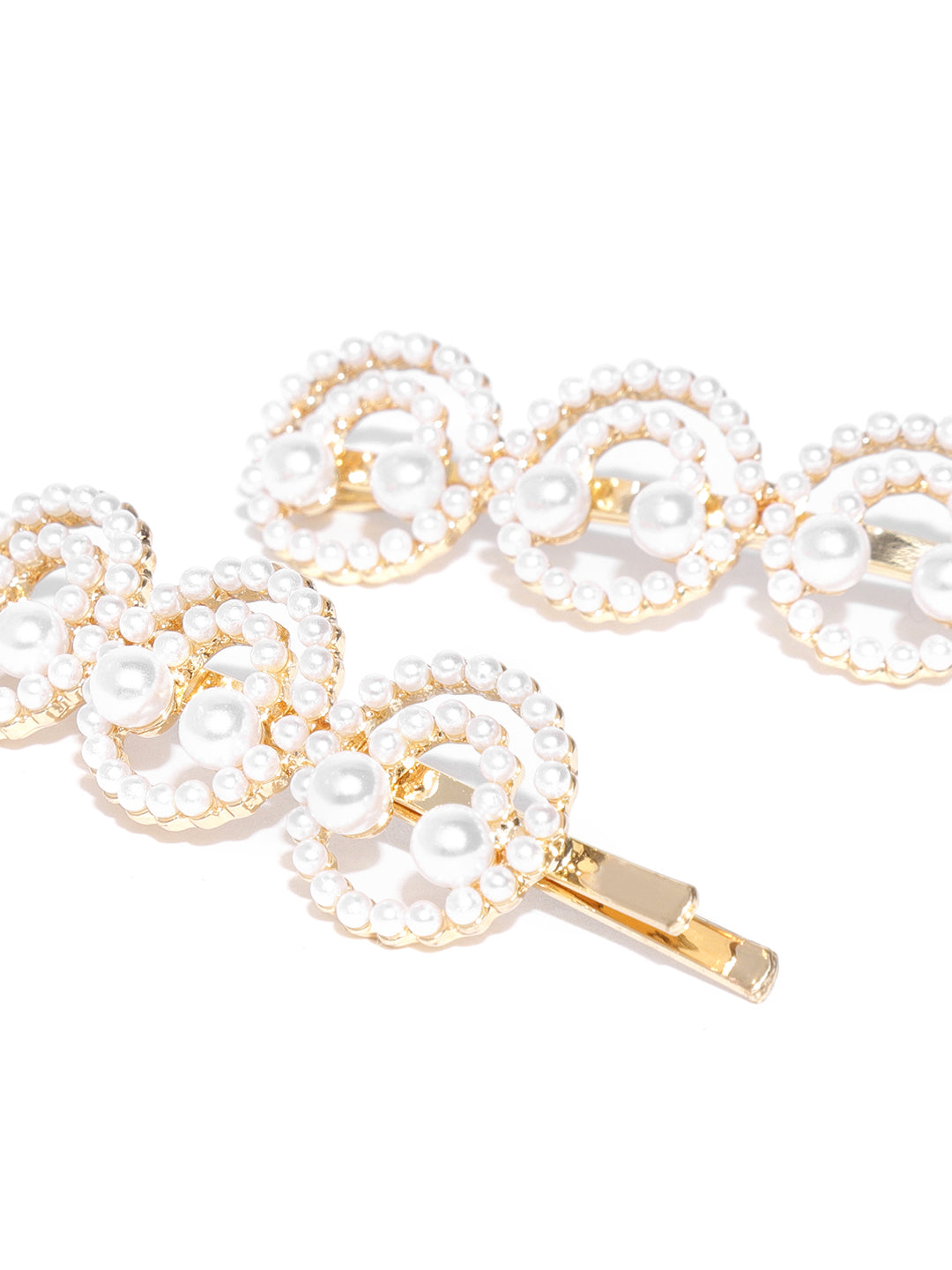 Gold-Plated Off-White Beaded Handcrafted Hair Clips Set Of 2