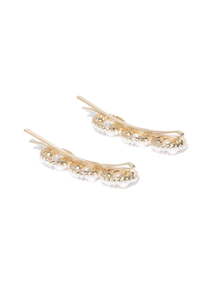Gold-Plated Off-White Beaded Handcrafted Hair Clips Set Of 2