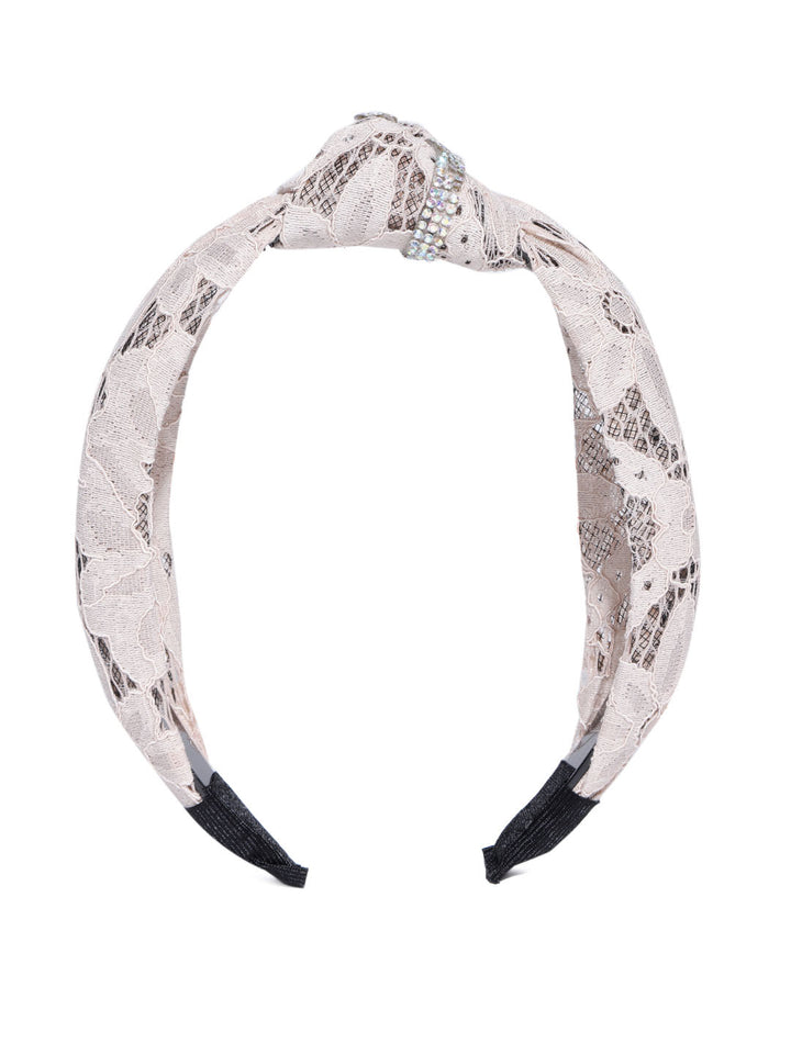 Off white Lace Fabric Knotted Hairband in Floral Pattern