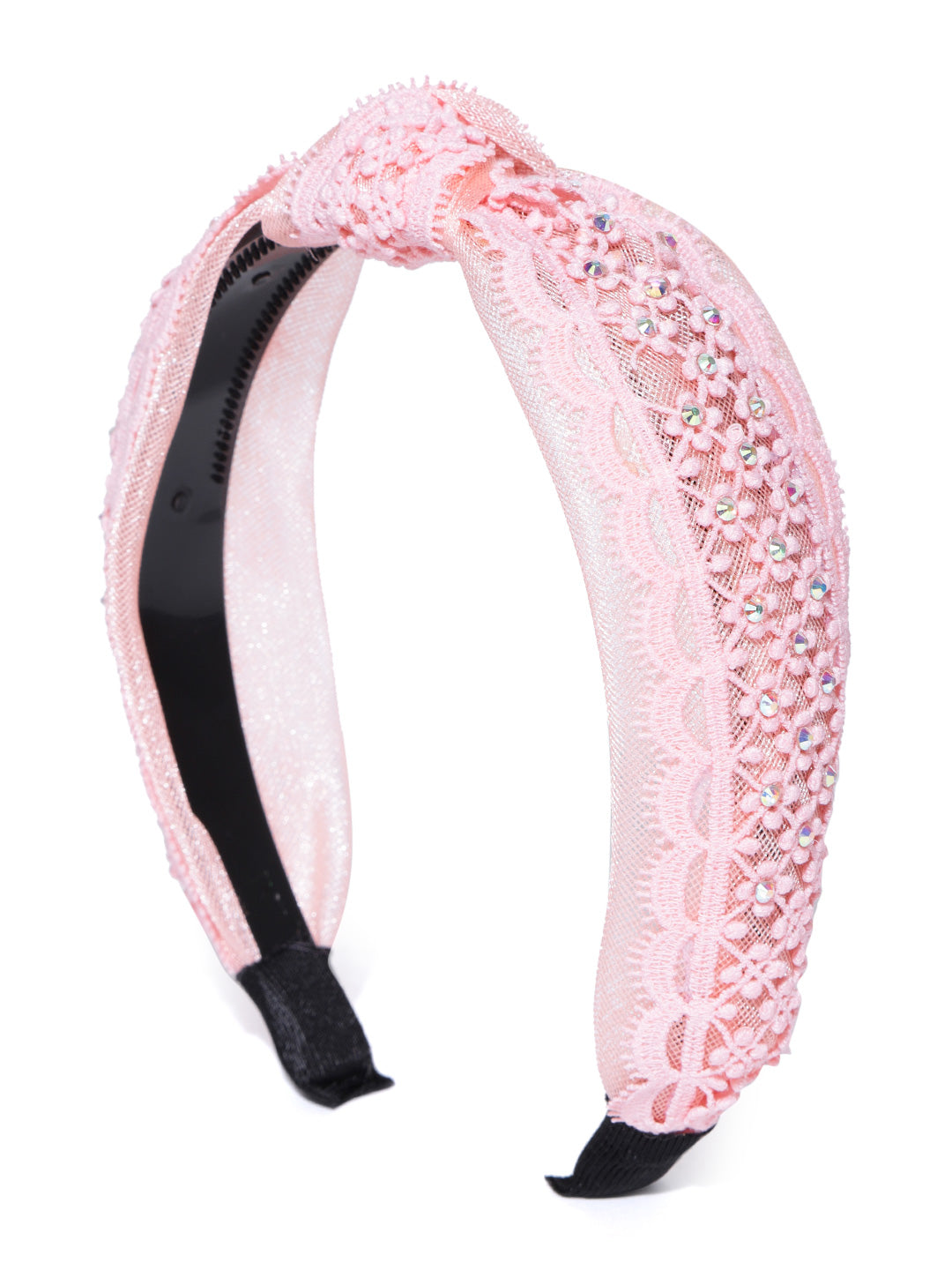 Pink Coloured Cross Knot Floral Pattern Fabric And Plastic Hairband