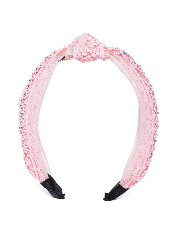 Pink Coloured Cross Knot Floral Pattern Fabric And Plastic Hairband