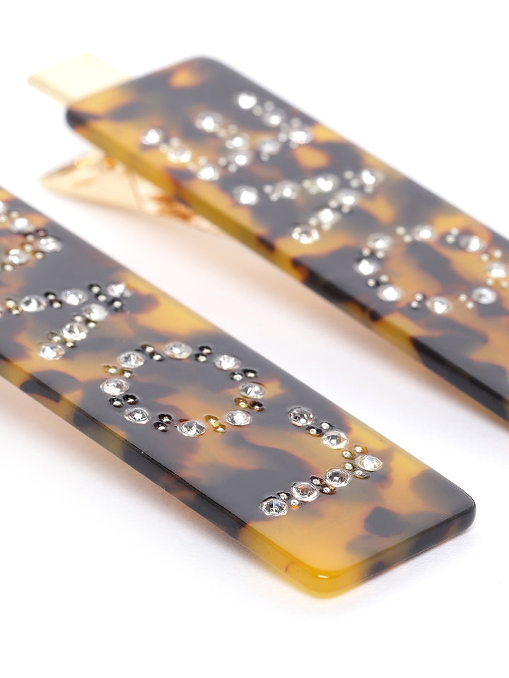 Gold Plated AD Studded Love Message Hair Clips Set Of 2