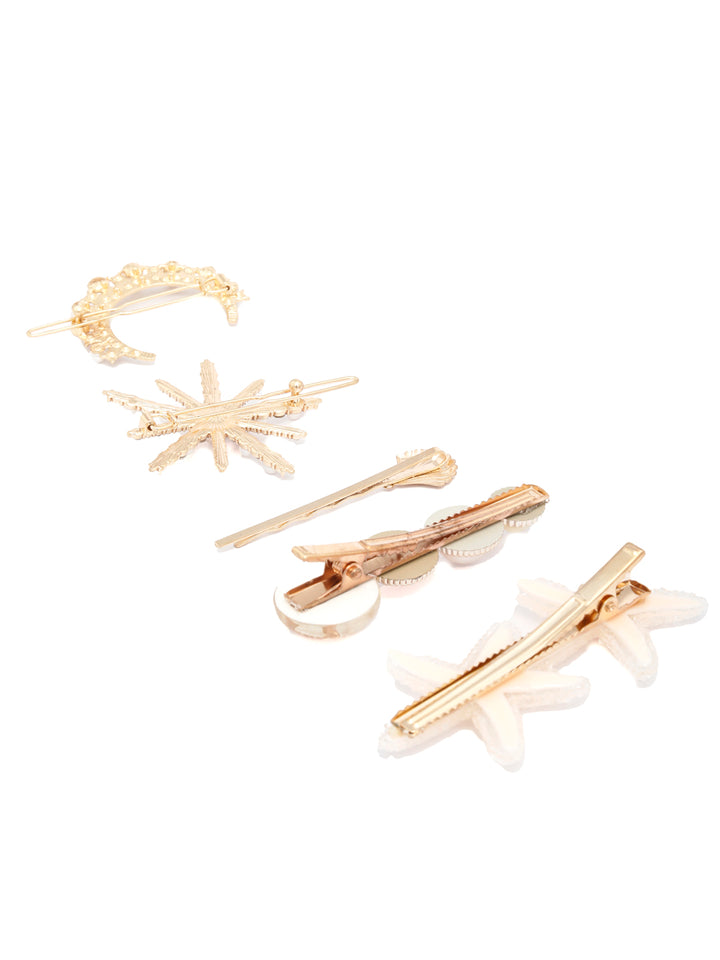White Stones Gold Plated Set of 5 Hair Pins