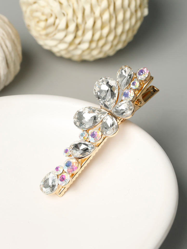 White Stones Gold Plated Butterfly Hair Pin