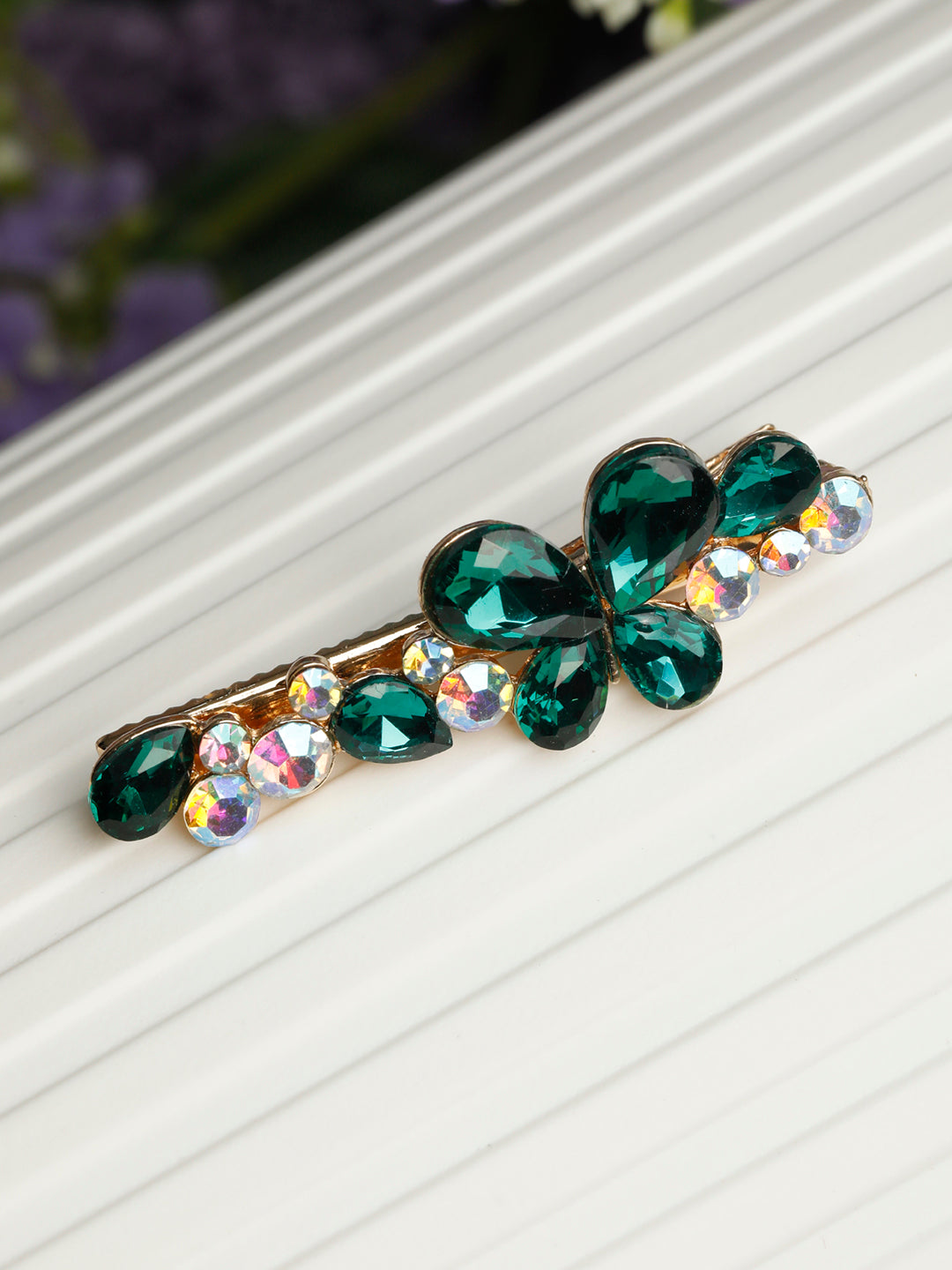 Green Stones Rose Gold Plated Floral Hair Pin