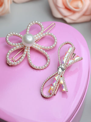 White Pearl Studded Flower & Bow Hair Pin Set