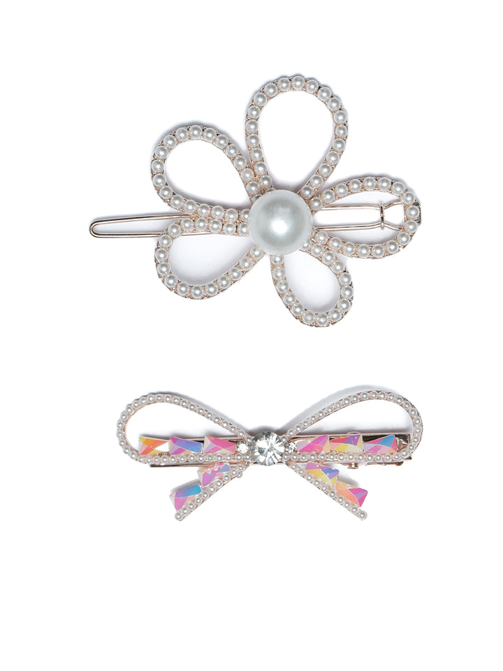 White Pearl Studded Flower & Bow Hair Pin Set