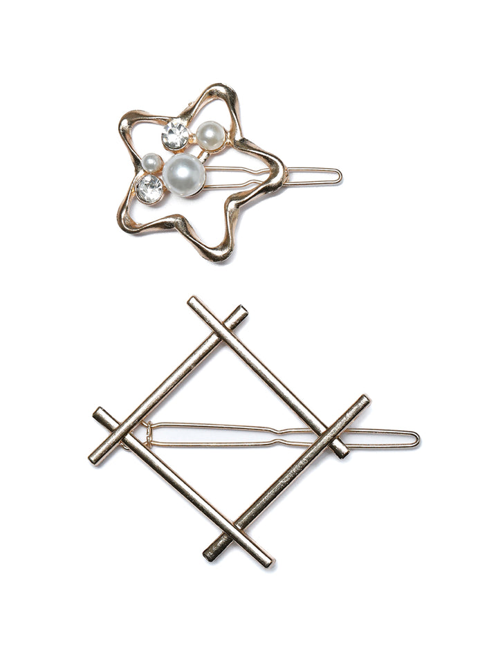 Rose Gold Pearl & American Diamond Floral Hair Pin Set