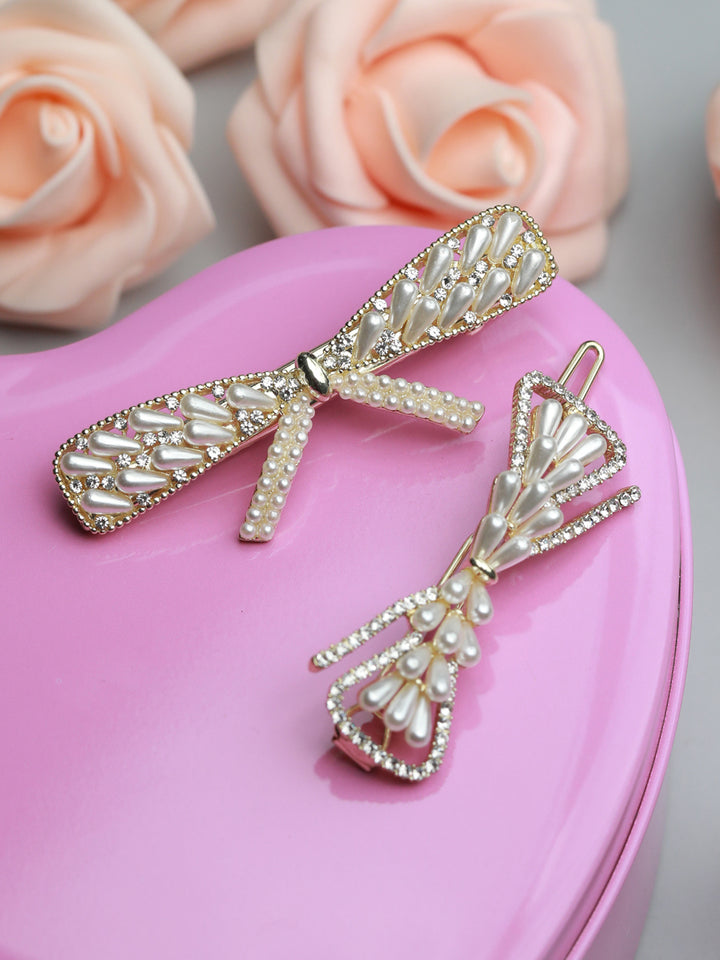 White Pearl Studded Bow Hair Pin Set