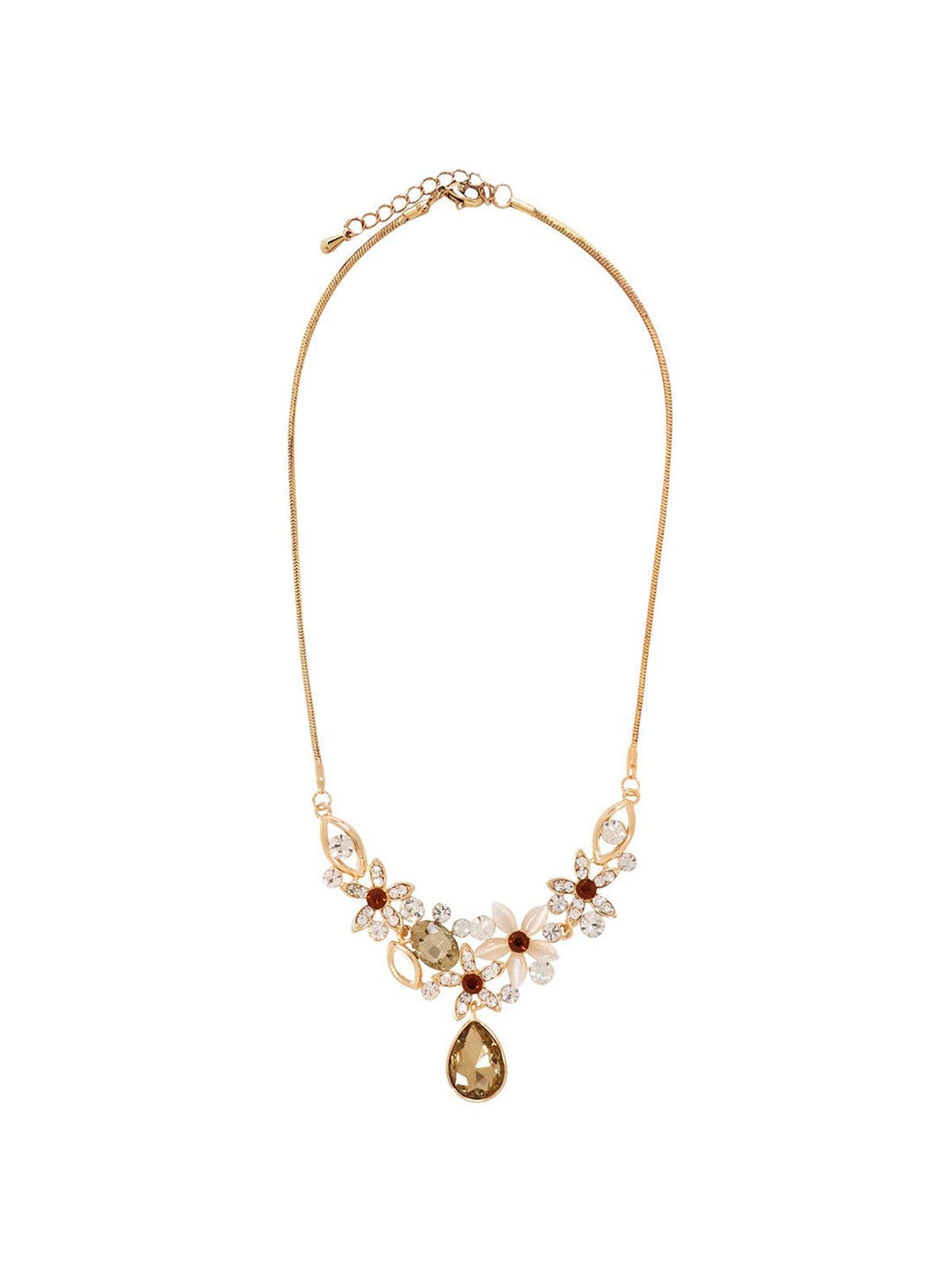 Brown & Cream Stones Gold Plated Floral Necklace