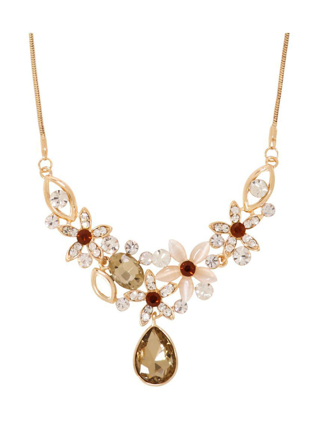 Brown & Cream Stones Gold Plated Floral Necklace