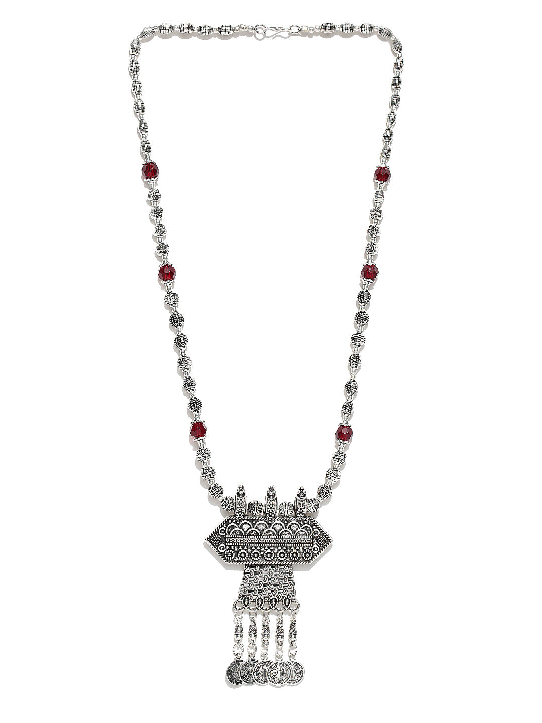 Maroon Beads German Silver Oxidised Coin Necklace