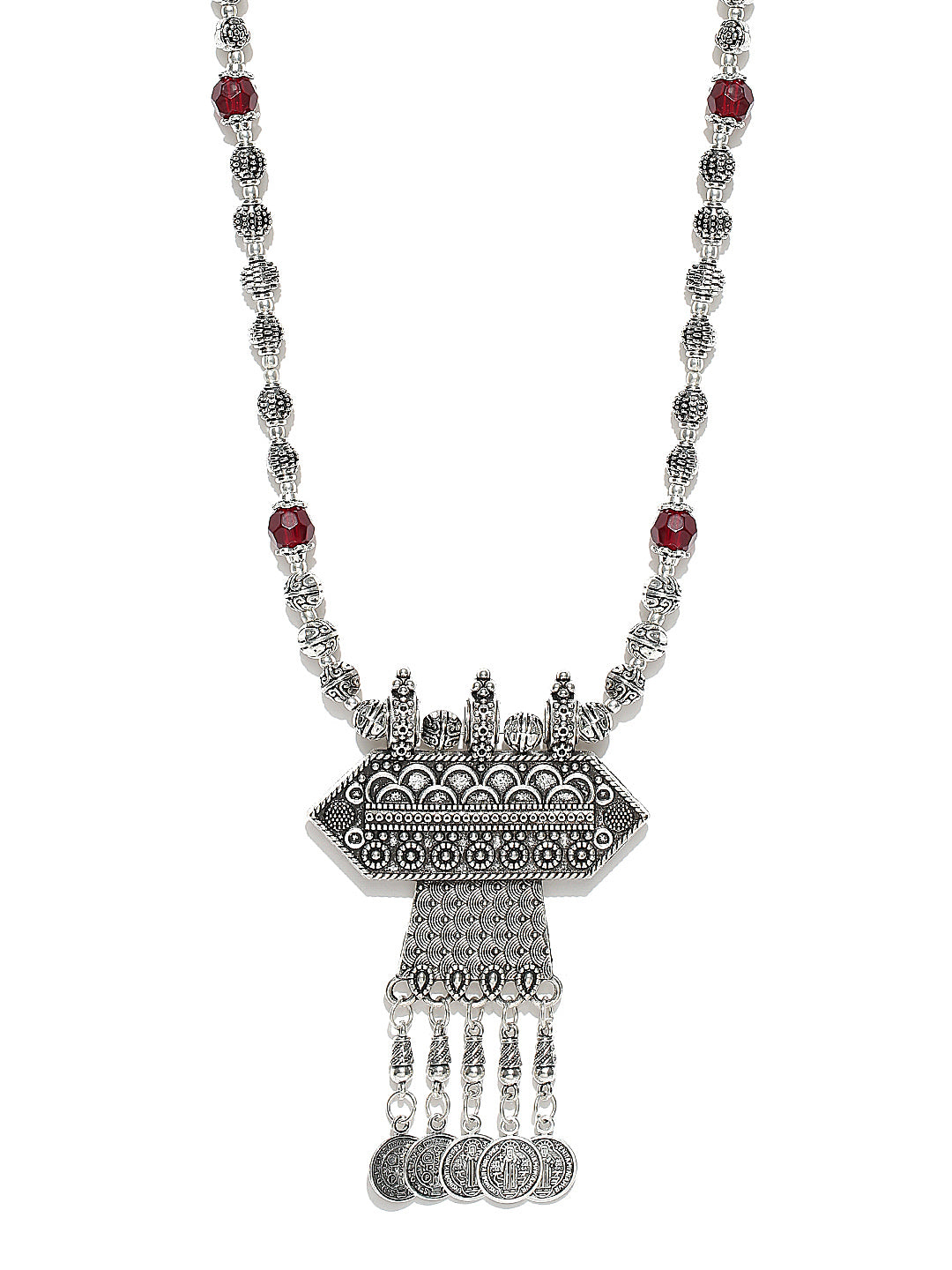 Maroon Beads German Silver Oxidised Coin Necklace
