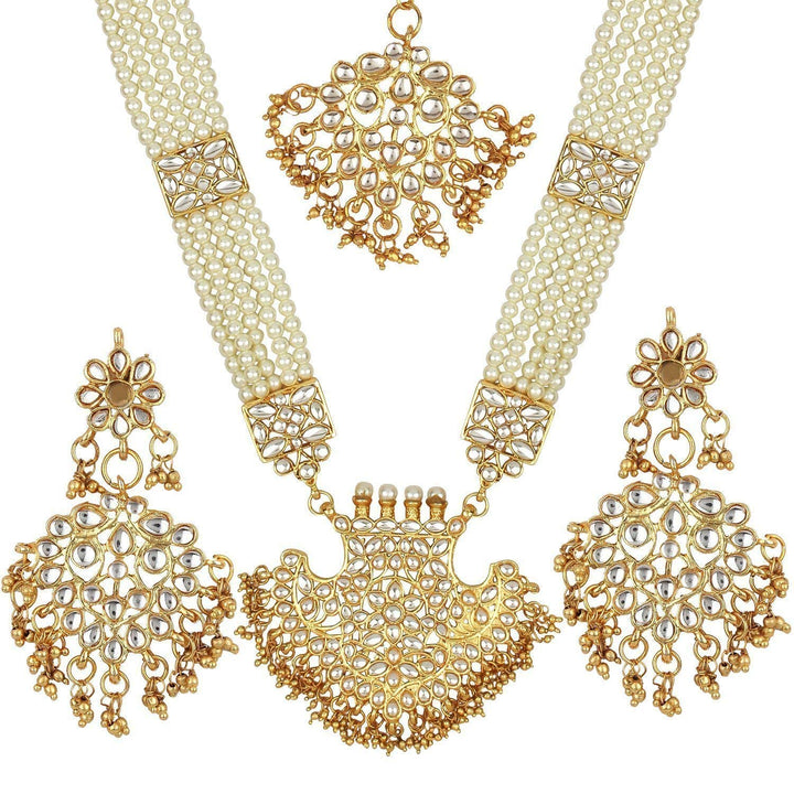 White Beads Gold Plated Ranihaar MaangTika Jewellery Set