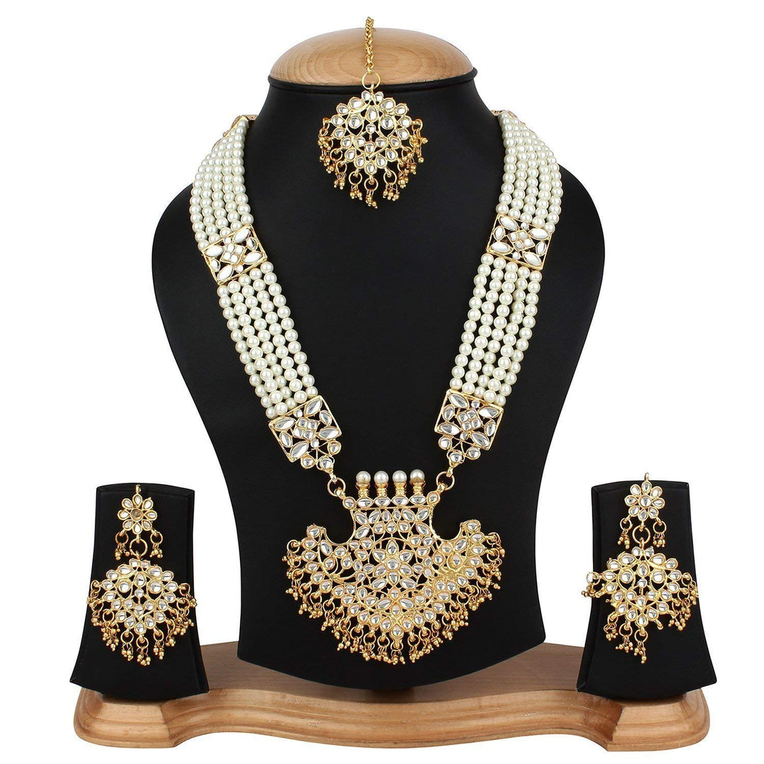 White Beads Gold Plated Ranihaar MaangTika Jewellery Set