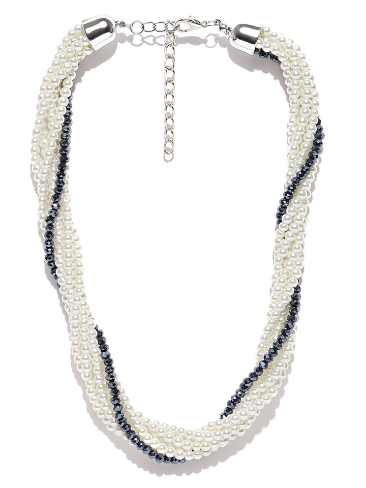 White & Black Beaded Silver Plated Necklace