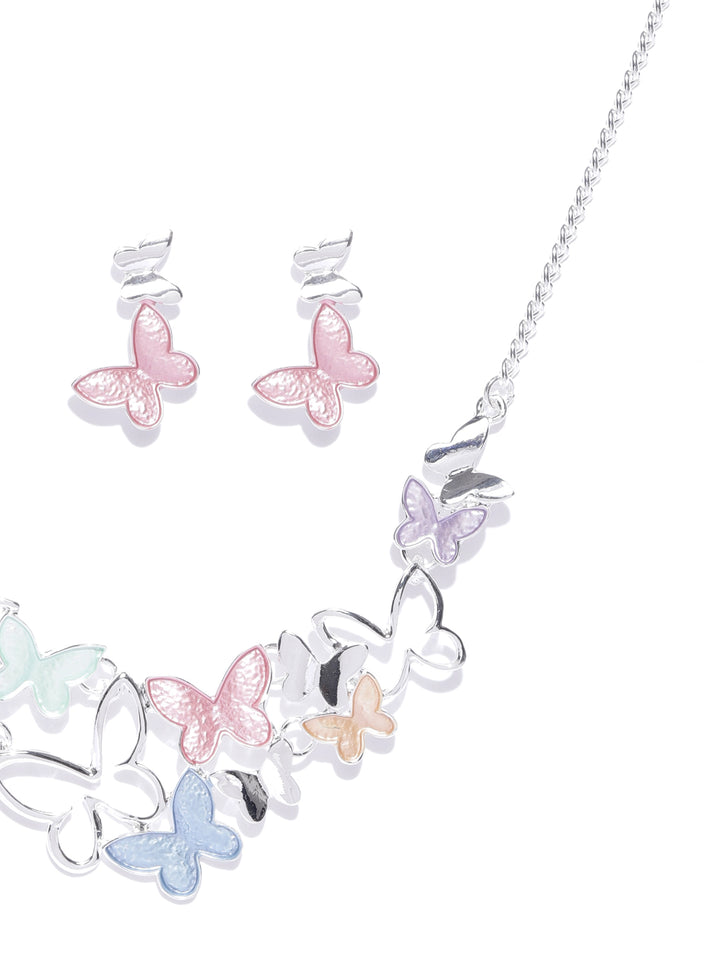 Multi-Color Silver Plated Butterfly Pendant Set