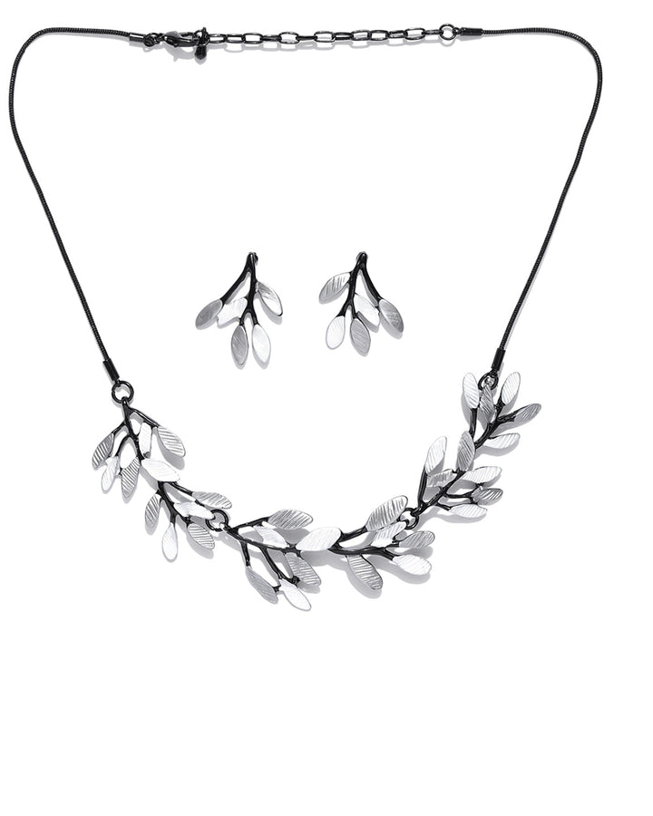 Black Grey Metal Leaf Jewellery Set