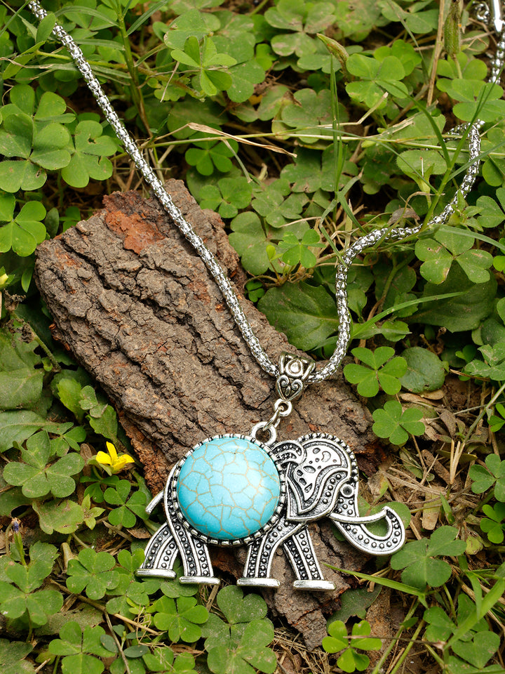 Turquoise Blue Beads Silver Plated Elephant Pendant