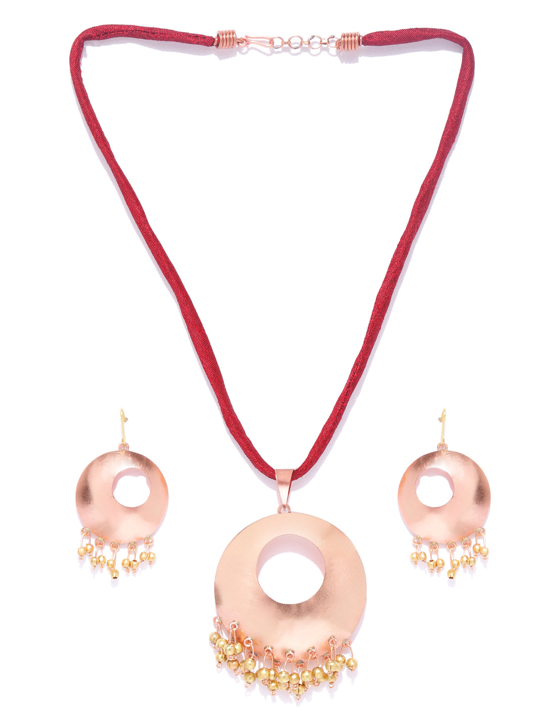 Red Beads Rose Gold Plated Fabric Chain Pendant Set