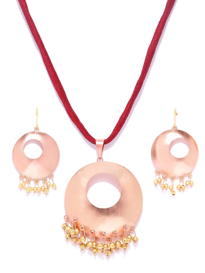 Red Beads Rose Gold Plated Fabric Chain Pendant Set