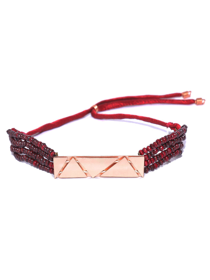 Maroon Beaded Rose Gold Plated Fabric Chain Choker