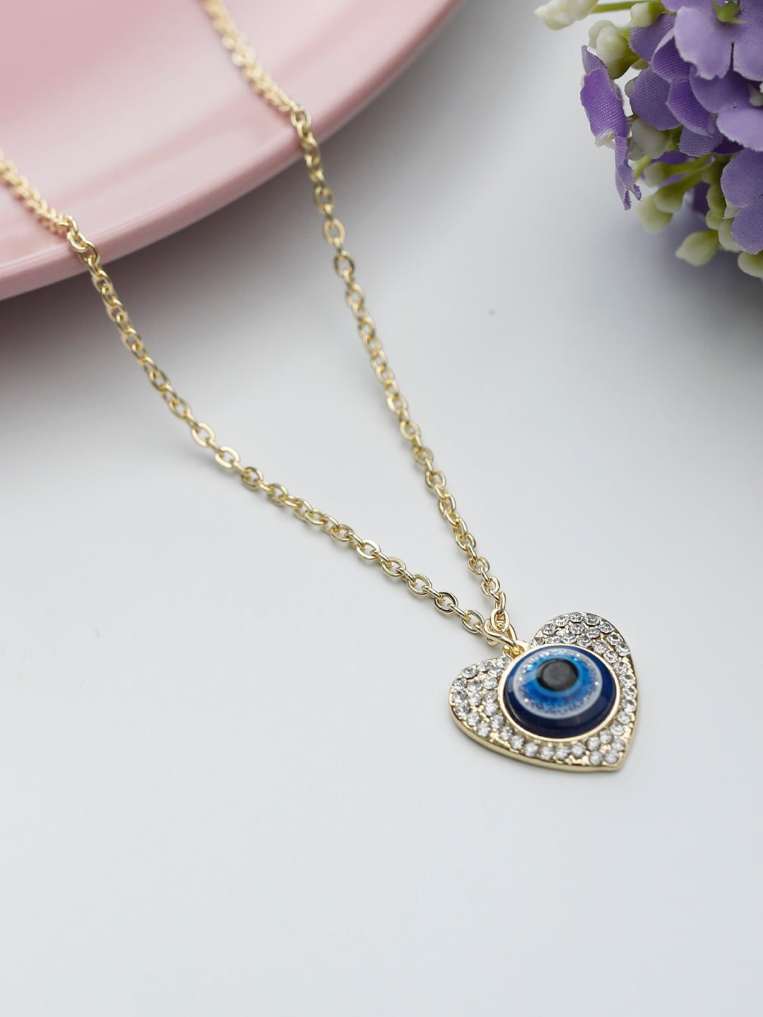 Blue Stones Gold Plated Evil Eye Heart Pendant