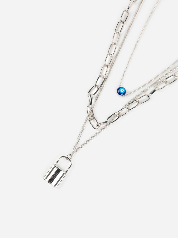 Evil Eye Lock Layered Silver-Plated Necklace