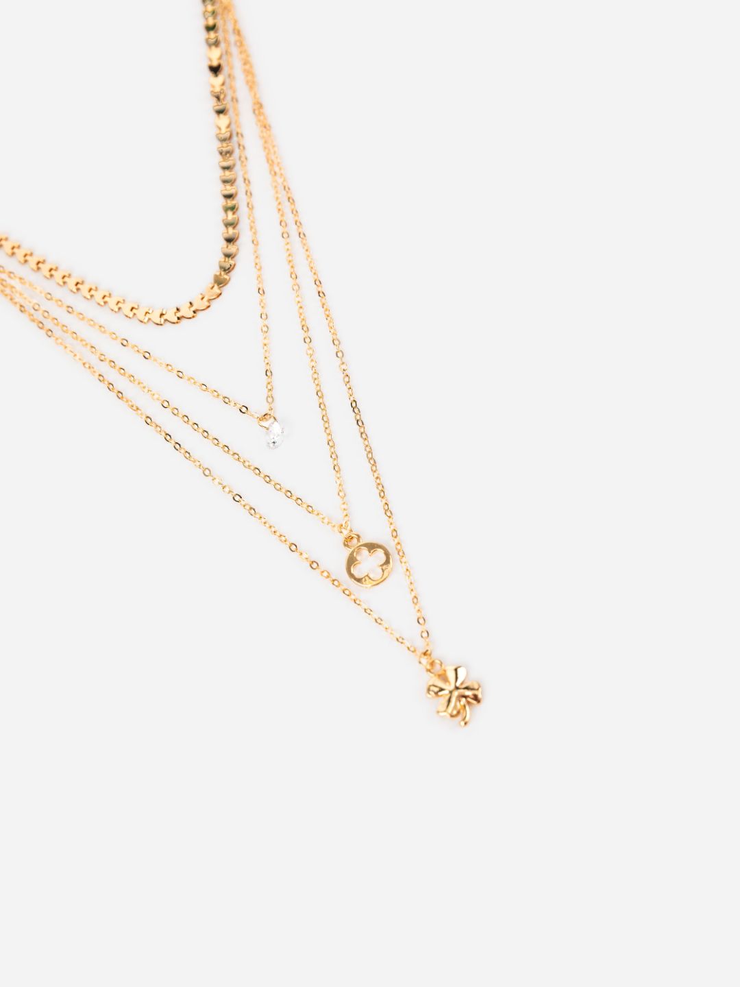 Floral Solitaire Heart Link Layered Gold-Plated Necklace