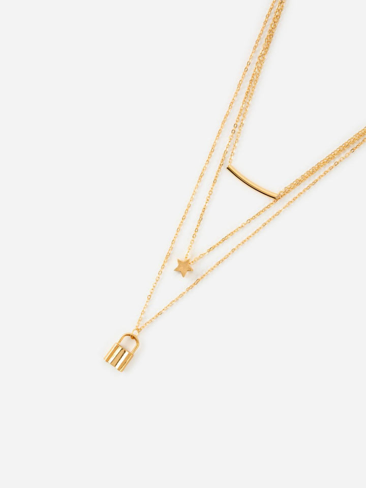 Dual-Layered Lock Link Gold-Plated Necklace