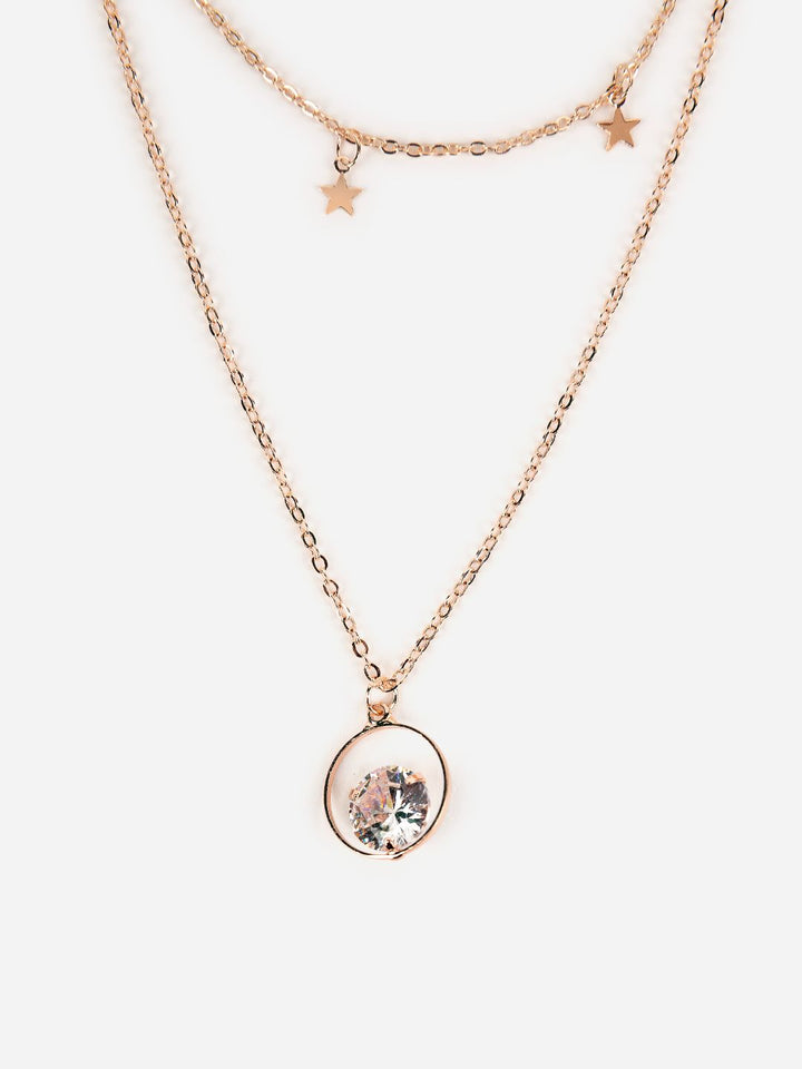 Layered Star Solitaire Drop Rose Gold-Plated Necklace