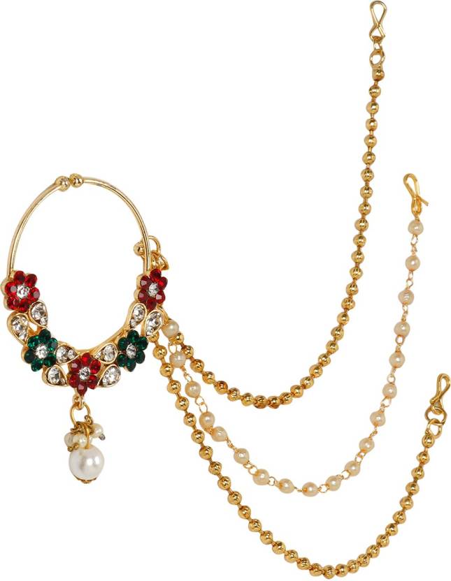 Gold Plated Stone Studded Triple Chain Multicolor Floral Nath/Nose Ring