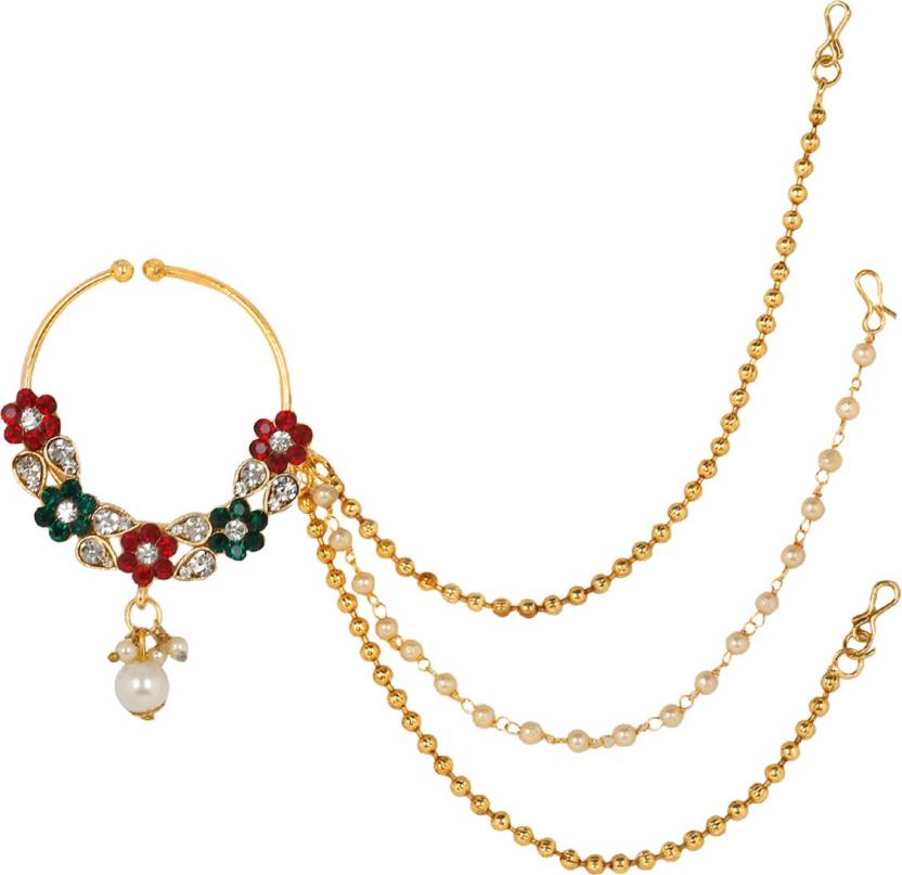 Gold Plated Stone Studded Triple Chain Multicolor Floral Nath/Nose Ring