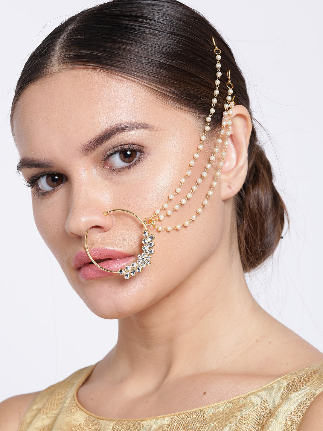 Gold Plated Stone Studded Triple Chain Nath/ Nose Ring