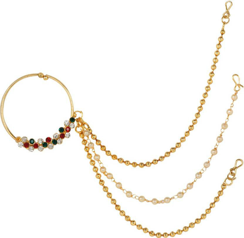 Traditional Gold Plated Red & Green Nose Ring/Nath With Pearl Chain For Women/Girls