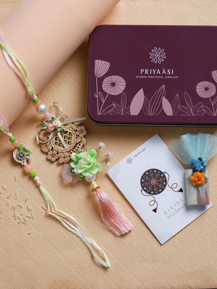 Priyaasi Wooden Pastel Toned Lumba and Rakhi Set