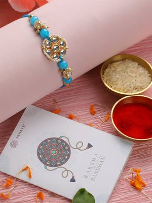 Priyaasi Blue Floral Kundan Rakhi with Roli & Chawal