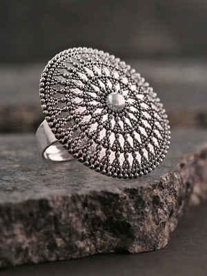 Oxidized Silver Textured Adjustable Ring in Floral Pattern