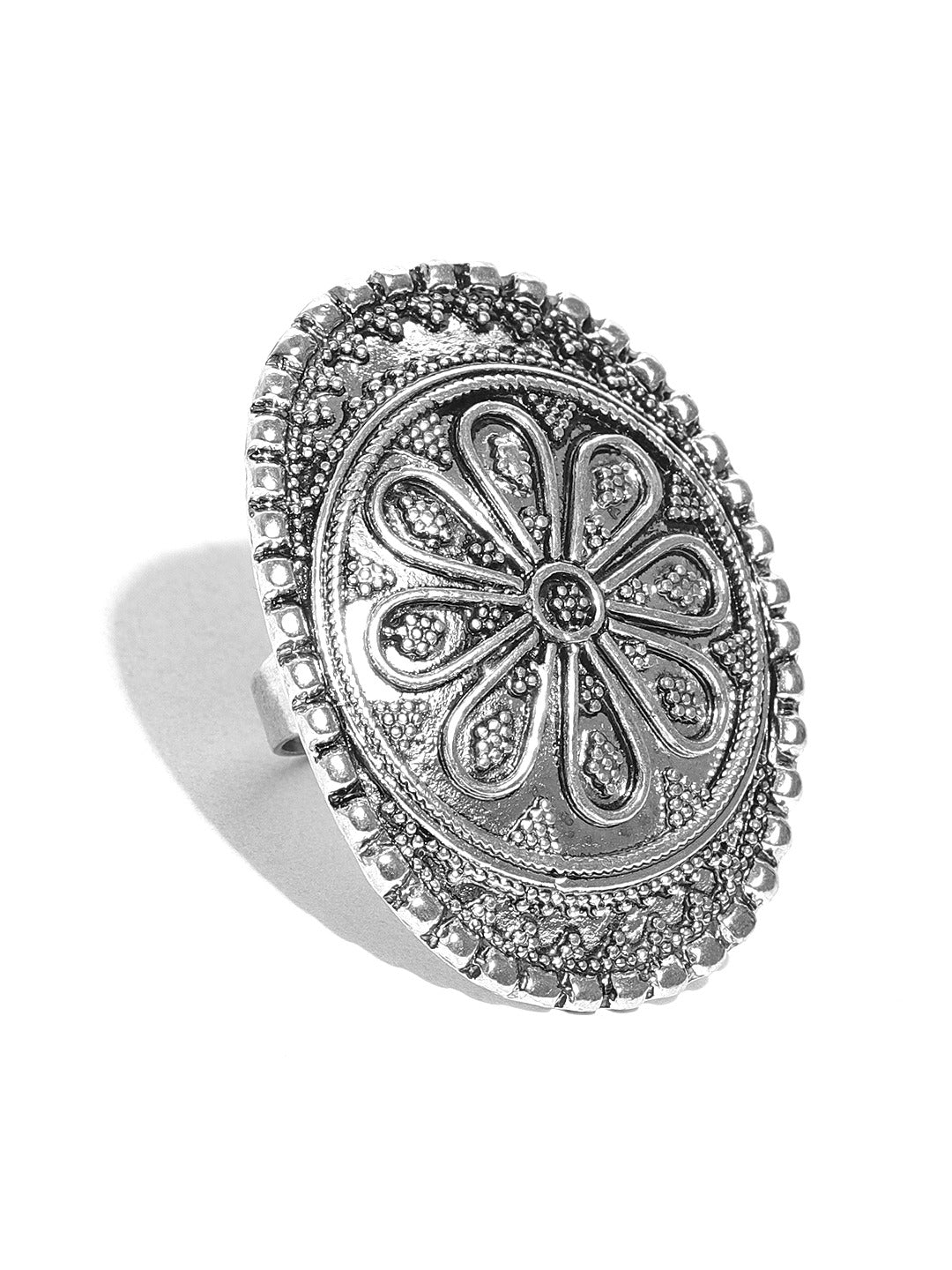 Oxidised Silver-Toned Textured Adjustable Ring