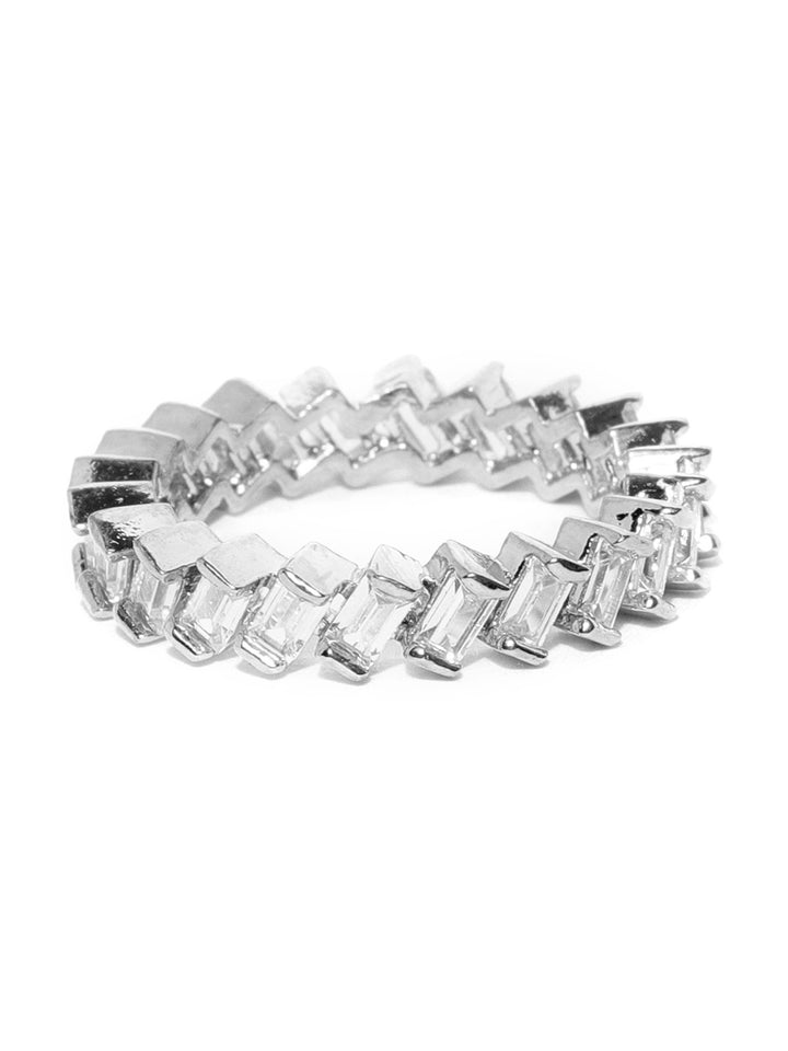 Silver Plated American Diamond Studded Zig Zag Shaped Finger Ring