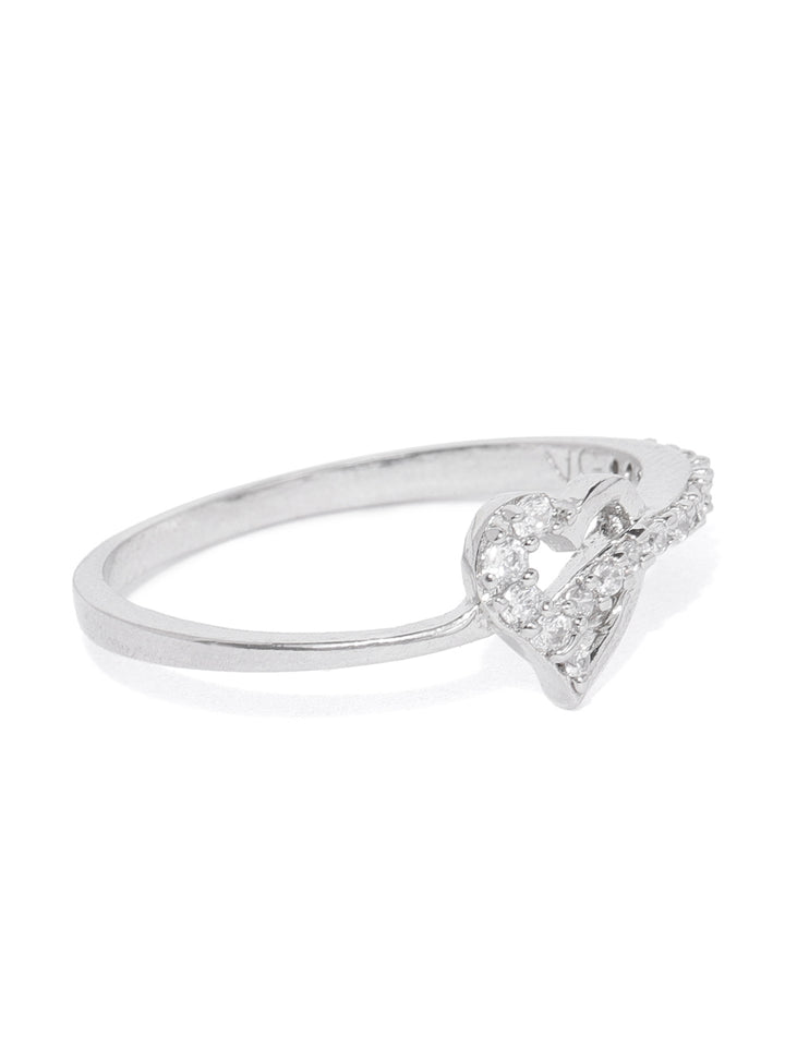 Silver Plated American Diamond Studded Heart Design Finger Ring