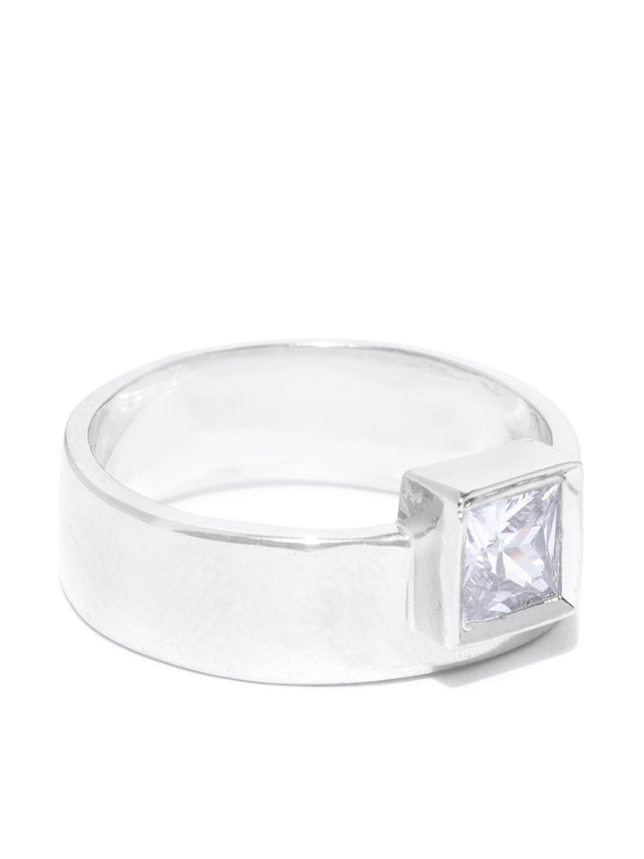 Silver Plated Square Shaped American Diamond Studded Ring