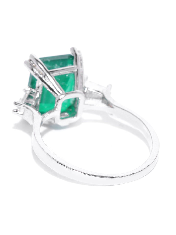 Silver Plated Emerald Stone Studded Solitaire Finger Ring