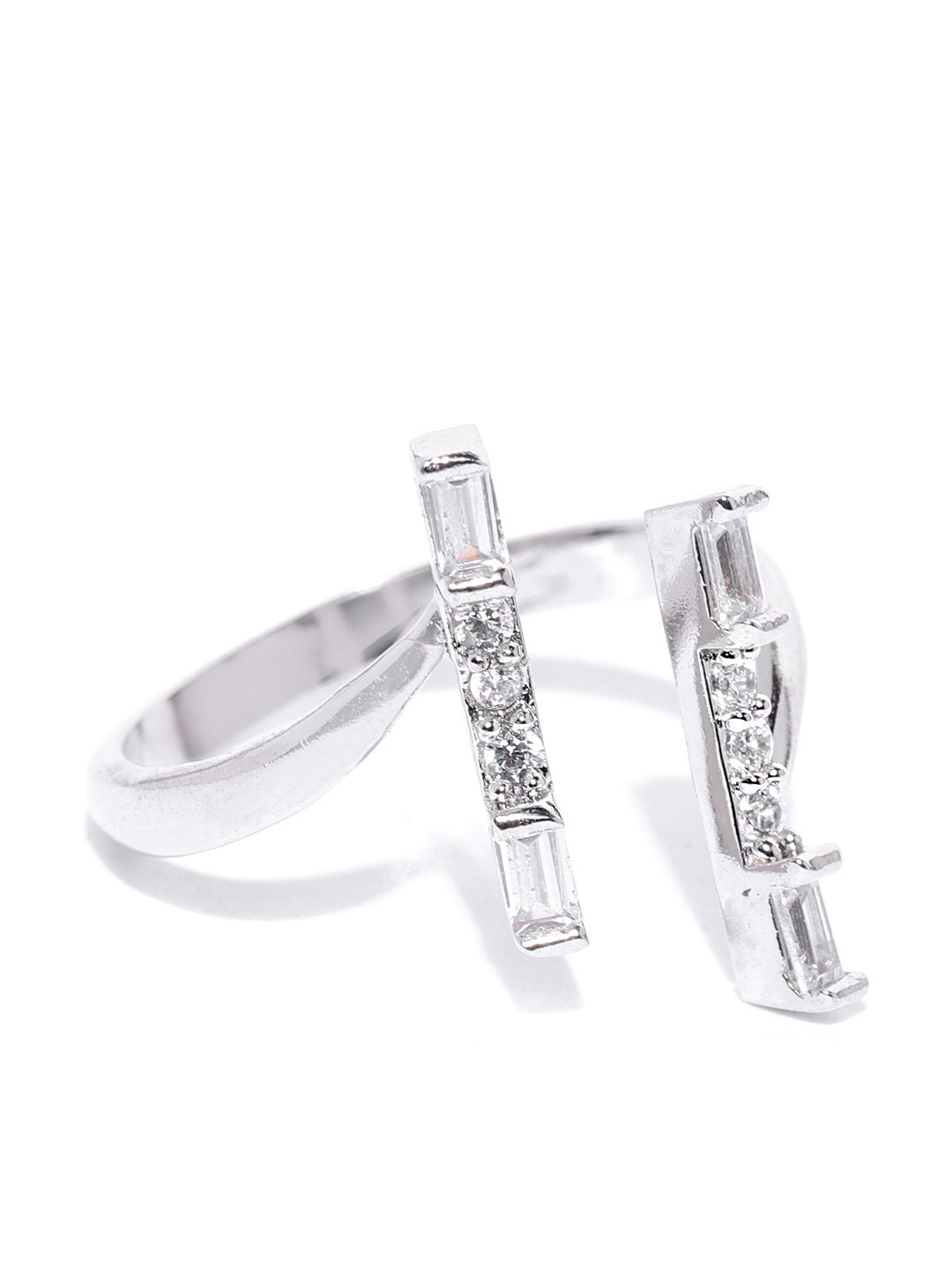 Silver Plated American Diamond Studded Linear Pattern Adjustable Ring