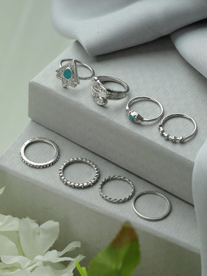 Prita Stylish Boho Silver Plated Ring Set of 8